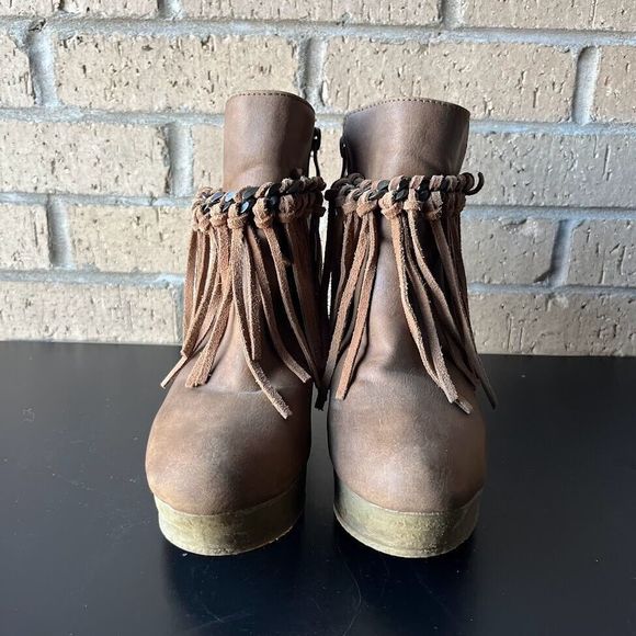 Sbicca Shoes - Sbicca Brown Zepp Chunky Wedge 6.5 Ankle Boots Booties Fringe Chain Boho Chic